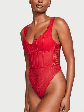 Victoria’s Secret Lipstick Red Lace Corset Bodysuit Teddy Lingerie Size L